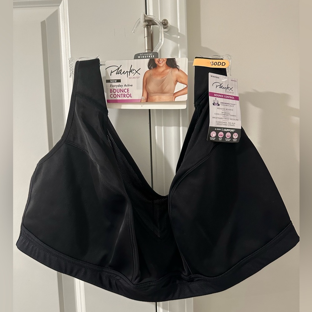 NWT Playtex Black Wire-free Active Bounce Control Bra 50DD Plus Size